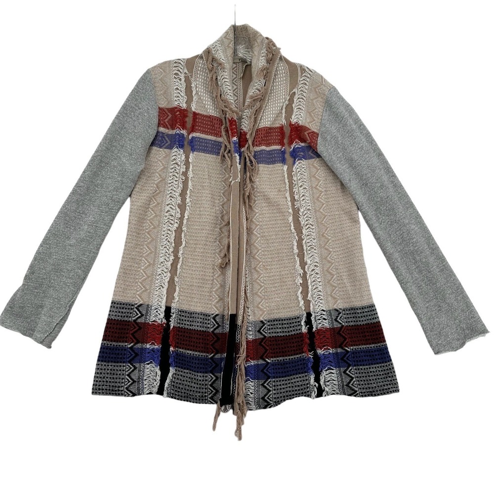 Gimmicks by BKE Cardigan Sweater Beige Grey Red Blue Aztec Fringe Cozy Women M